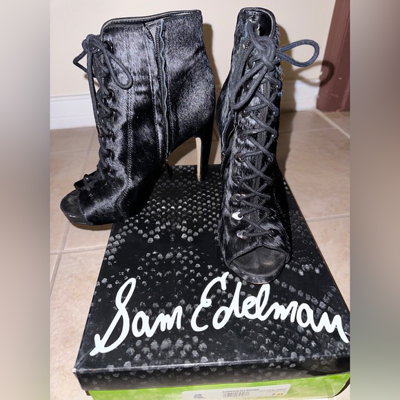 Sam Edelman Black Karmen Calf Hair Lace Up Platform Open Toe Heels - Picture 2 of 6